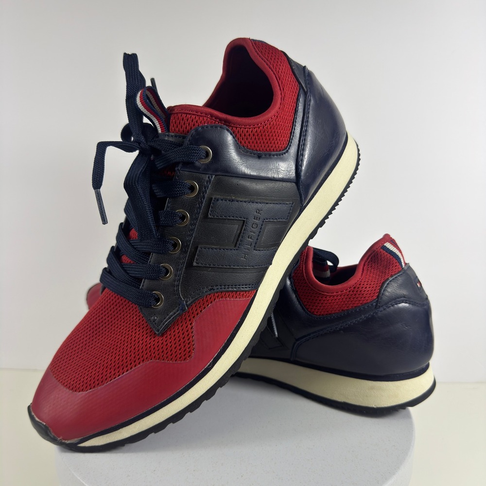 Tommy Hilfiger Mens Red Navy Blue Mesh Low Top Runner Sneakers Shoes 11 - Picture 1 of 14